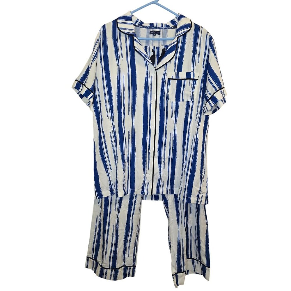 Katie Kime 3XL Womens Blue & White Striped 100% Cotton Pajama Set